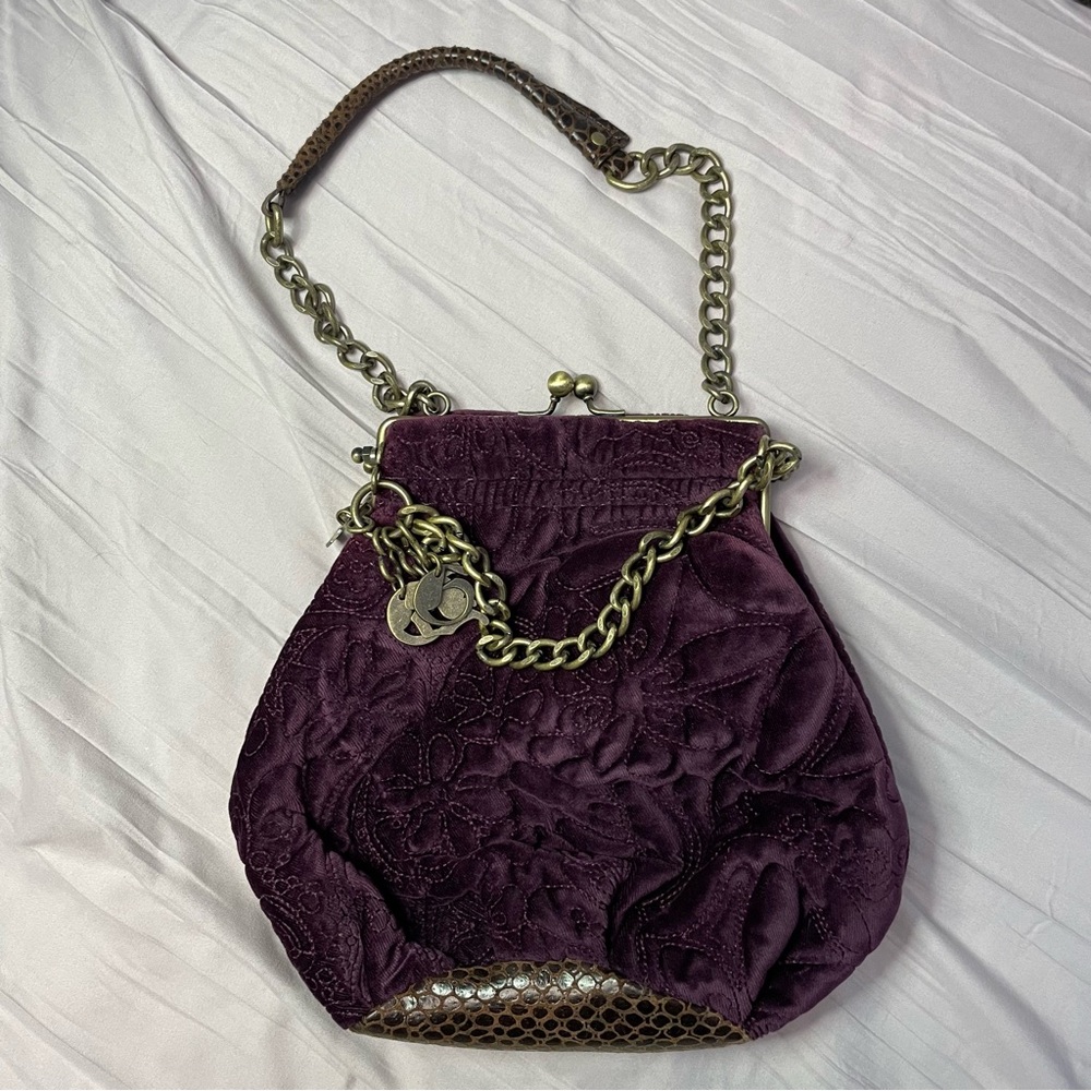 Vintage Y2K BCBG Purple Velvet Floral Stitching Purse Brass Chain